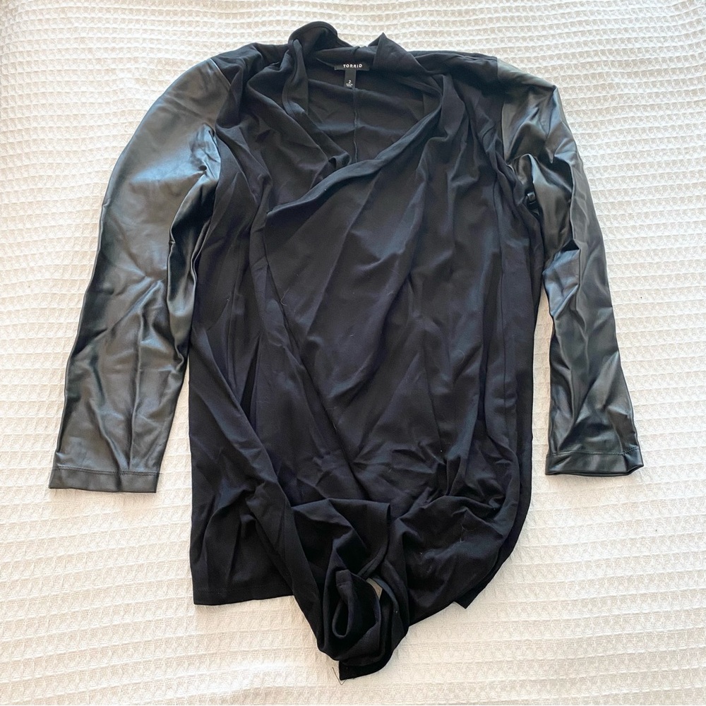 Torrid Black Long Sleeve open front faux leather sleeve cardigan size 2